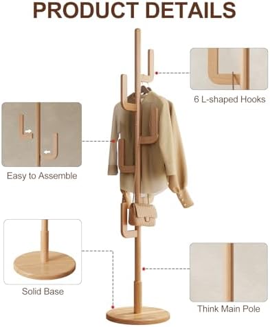Muwuele Solid Wood Cactus Coat Rack, Freestanding Coat Rack With 6 L-Shaped Hooks and 3 Adjustable Sizes, Coat Tree for Bedroom, Entryway, Livingroom, Coat Hanger Stand for Coats, Handbags (Natural) - Image 6