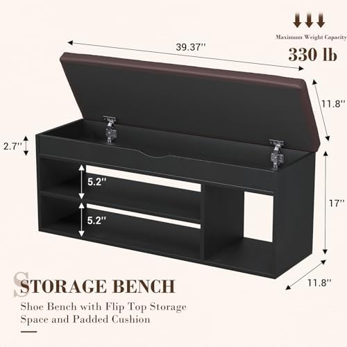 Apicizon 39 Inches Storage Bench with Padded Cushion, Shoe Bench with Storage Space, Upholstered Entryway Bench for Living Room, 2-Tier Shoe Rack Organizer, Black - Image 2