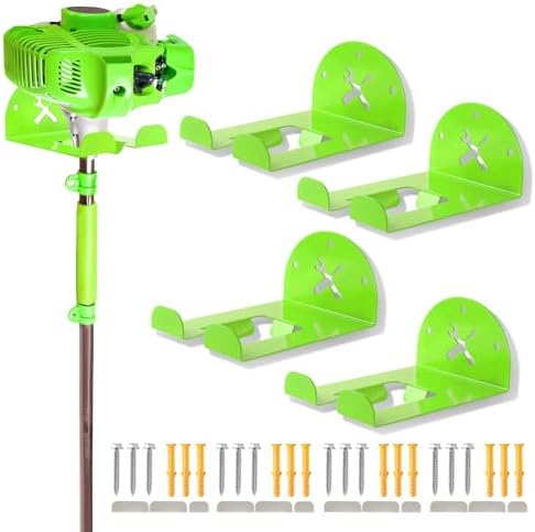 Upgraded Trimmer Rack Wall Mount - 8" Heavy Duty Weed Eater Hanger for Garage Wall, Garden Power Tool Holder Organizer Hooks for Grass Trimmer, Hedge Trimmer, Leaf Blower and Chainsaw, Green, 4 Pack by IULRTBA