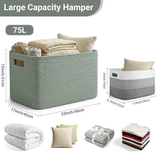 75L Green Cotton Rope Storage Basket, Large Rectangle Laundry Hamper with Handles, 22”x17”x12” Woven Blanket and Toy Basket for Living Room, Bedroom and Nursery - Image 2