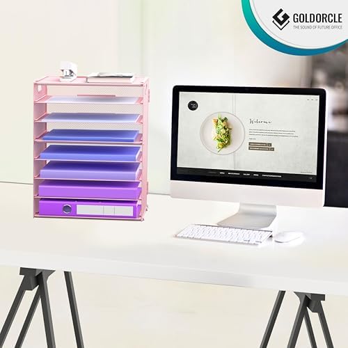 8 Tier Paper Letter Tray Organizer with Handles for Desk (Pink) - Image 5
