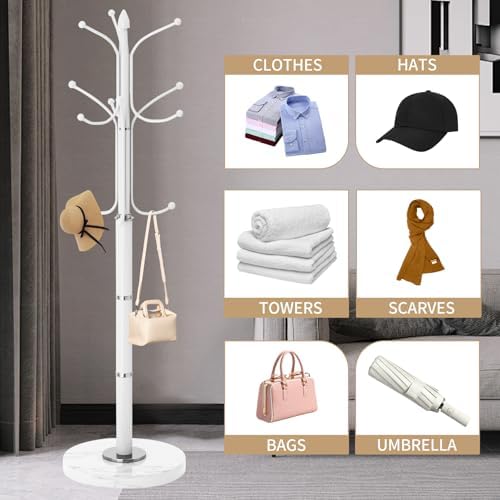Metal Coat Rack Stand, Modern Freestanding Coat Rack with Natural Marble Base,White Coat Racks and Coat Hall Tree Hanger Stand with 12 Hooks for Entryway, Hallway, Office - Image 6