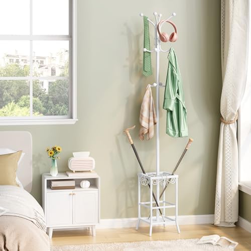Hoctieon Coat Rack Freestanding, Coat Tree with Umbrella Holder, Metal Coat Rack Stand with 12 Hooks, Standing Coat Hanger Stand, Umbrella Stand for Entryway, Hat Rack Stand for Home Office, White - Image 5