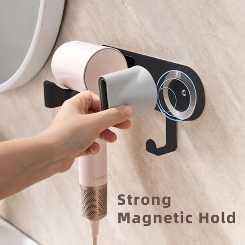 Hair Dryer Holder Wall Mounted, Hair Dryer Organizer Self Adhesive Compatible with Dyson Blow Dryer Holder Aluminum BlowDryer Holder Wall Mounted for Bathroom Black - Image 4