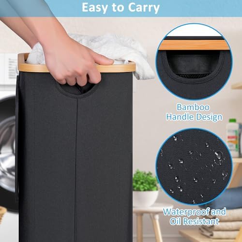 efluky Slim Laundry Basket with Wheels, Narrow Rolling Laundry Hamper with Lid and Removable Bag, Aesthetic Dirty Clothes Hamper on Wheels for Laundry Room, Bedroom, Dorm and Bathroom, 75L Dark Black - Image 4