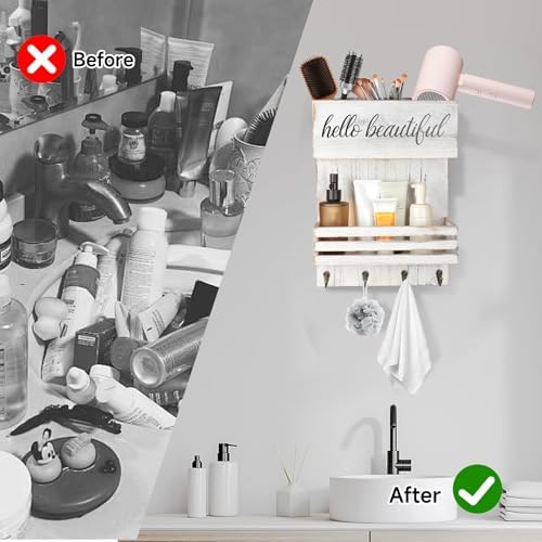 2Tier White Wooden Hair Dryer Holder Wall-Mounted Organizer - Image 4
