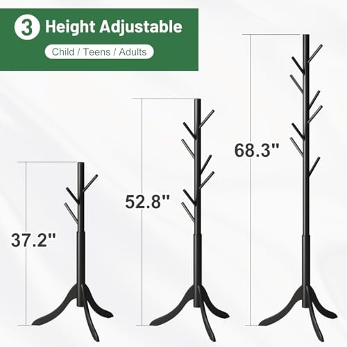 kiplant Black Coat Rack Stand, Bamboo Wood Freestanding Coat Tree with 8 Hooks, Hallway Entryway Hat Hanger Organizer Standing for Bedroom, Office, Clothes, Jackets, Bags, Umbrallas - Image 4