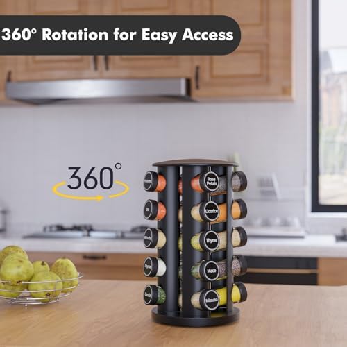 New England Stories Revolving Spice Rack Set with 20 Spice Jars, Kitchen Spice Tower Organizer for Countertop or Cabinet - Carousel Storage Includes 386 Spice Labels (Black) - Image 3
