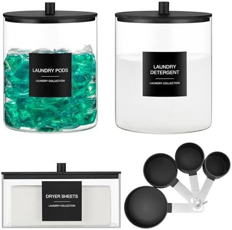 3 Pack Glass Jars and Acrylic Dryer Sheet Holder, Laundry Pods Container with Bamboo Lid and Measuring Cups for Laundry Room Organization, Powder Detergent Containers (Black) by TIPGO