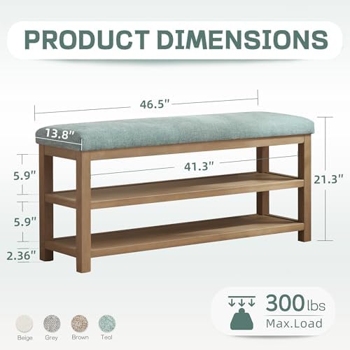 Zihanhome Shoe Rack Bench with Cushion, 2 Tier Solid Wood Storage Bench, Mid-Century Modern Shoe Bench for Entryway, Hallway, Closet, Front Door Entrance, Foyer (Teal, 46.5") - Image 2