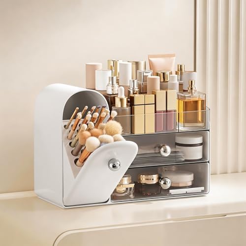 HBlife Makeup Organizer Countertop with Drawers, Vanity Organizers with Brush Holder, Bathroom Counter Organizer for Perfume, Nail Polishes, Lipsticks, Skincare and Eyeshadow Palettes, White Sliver - Image 2