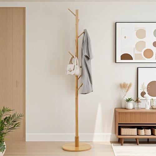 VECELO Coat Rack Freestanding, Entryway Hanger Stand, Umbrella Holder, Hall Tree With Hooks, Floor Standing Tree Stand,Light Wood - Image 3