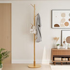 VECELO Coat Rack Freestanding, Entryway Hanger Stand, Umbrella Holder, Hall Tree With Hooks, Floor Standing Tree Stand,Light Wood - Image 3