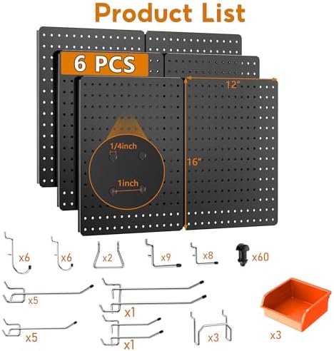 Peg Board, 112PCS Heavy Duty Metal Pegboard with Hooks, 6 Pack Black Peg Board Panels, 60lbs Load Capacity Each, Pegboard Wall Organizer for Garage, Workshop, Kitchen, Craft Rooms - Image 2