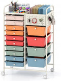 Giantex 14 Drawer Storage Cart, Rolling Craft Cart with Metal Tabletop & Pegboard, Mobile Utility Organizer Trolley with Locking Wheels, Home Office, Macaron Multicolor by Giantex