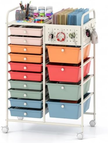 Giantex 14 Drawer Storage Cart, Rolling Craft Cart with Metal Tabletop & Pegboard, Mobile Utility Organizer Trolley with Locking Wheels, Home Office, Macaron Multicolor by Giantex