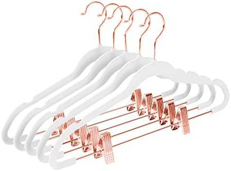 MIZGI Premium Velvet Pants Hangers with Clips (Pack of 20) Slim Skirt Hangers- Non Slip Felt Outfit Dress Hangers White - Copper/Rose Gold Hooks,Space Saving Shirt Clothes Hangers by MIZGI
