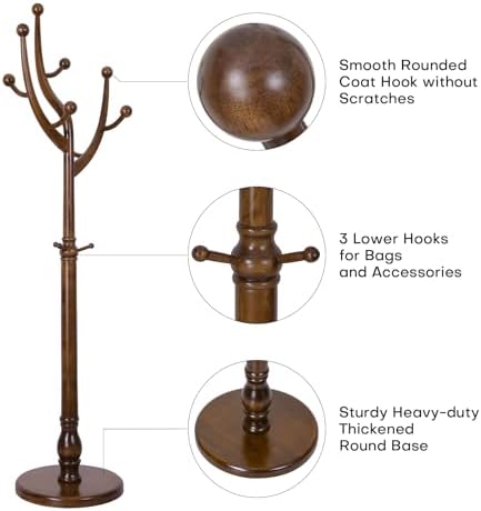 Bekrvio Wood Freestanding Coat Rack Coat Tree with Round Base, Walnut - Image 3