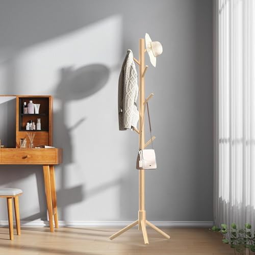 Aliphon Wooden Coat Rack Stand, Freestanding Coat Rack with 8 Hooks, 3 Adjustable Size Coat Tree for Hats, Coats, Scarves bags, Coat Hanger Stand Used in Bedroom/Office/Entryway,2 PCS (Natural) - Image 3