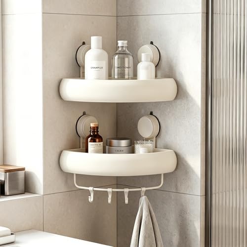 Shower Caddy Suction Cup（2-Pack Cream White）, No-Drilling Corner Bathroom Organizer,Rust Proof Shower Shelf for Inside Shower with Removable Hooks & Towel Bar by Unknown