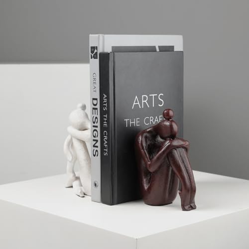 BANOMII Decorative Bookends for Shelves, Unique Book Ends for Home Office Decor, Meditation Girl Statue Book Stopper for Bookshelf Decor, Modern Abstract Aesthetic Decoration White & Brown - Image 5
