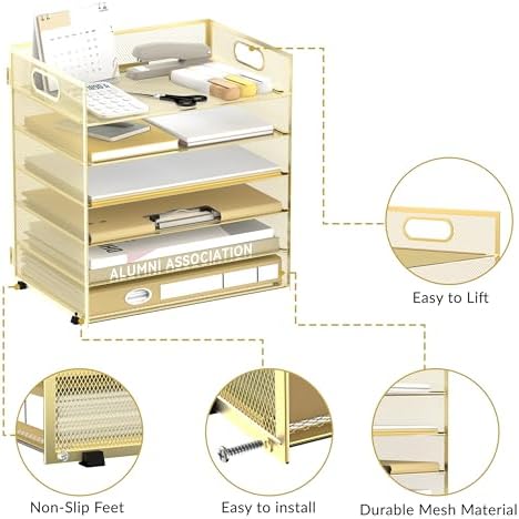 Daltack 6-Tier Paper Organizer for Desk with Handle, Gold - Image 4