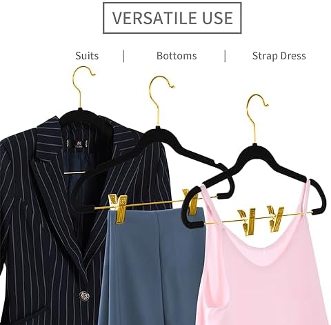 MIZGI Premium Velvet Pants Hangers with Adjustable Clips (Pack of 20) Slim Skirt Hangers- Non Slip Felt Outfit Dress Hangers Black - Gold Hooks,Space Saving Shirt Clothes Hangers - Image 3