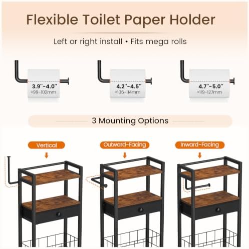 Snughome Freestanding Toilet Paper Holder with Storage Drawer, 4-Tier Rolling Toilet Paper Holder Stand with Wheels, Shelf & Basket, Bathroom Magazine Rack for Phone & Extra Rolls (Rustic Brown) - Image 6
