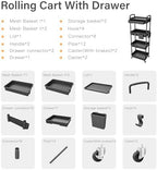 4 Tier Rolling Utility Cart with Drawer,REBECAT Utility Cart Made of Multifunctional Storage Organizer Tool for Kitchen,Bathroom,Living Room,Office(Black) - Image 4