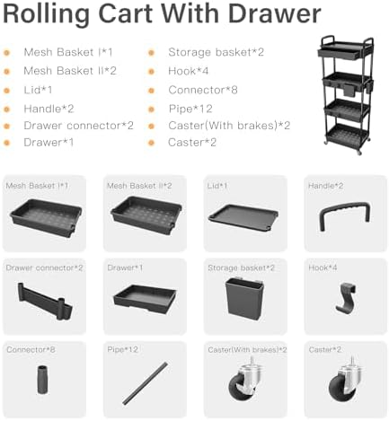 4 Tier Rolling Utility Cart with Drawer,REBECAT Utility Cart Made of Multifunctional Storage Organizer Tool for Kitchen,Bathroom,Living Room,Office(Black) - Image 4