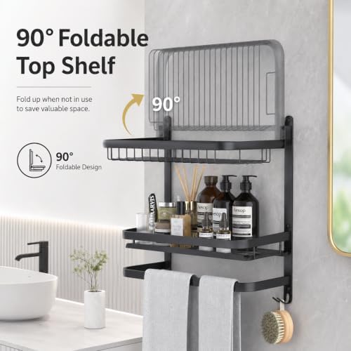 CAXIMSY Towel Rack for Bathroom with 3 Tier Shelf Double Bar Hook (Black) - Image 6