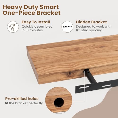 Floating Shelves for Wall, 8" Deep Rustic Solid Elm Wood Floating Shelves Wall Mounted, Wall Shelves with Invisible Bracket for Living Room Bedroom Bathroom Kitchen, 15.7 Inch Set of 2, Natural - Image 6