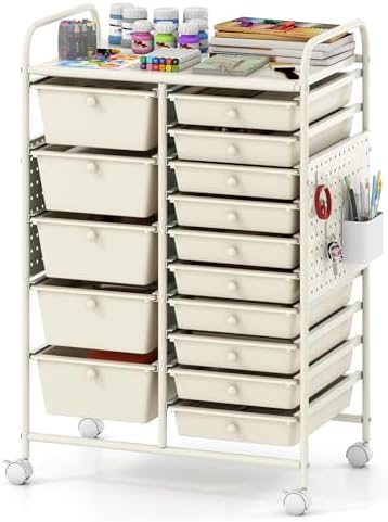 Giantex 15 Drawer Storage Cart, Rolling Craft Cart with Metal Tabletop & Pegboard, Mobile Utility Organizer Trolley with Locking Wheels, Home Office, Classroom, Teacher Supplies, Ivory by Giantex