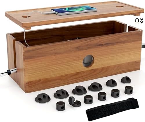 Large Cable Management Box Acacia Wood Cord Organizer Power Strip & Cables by Unknown