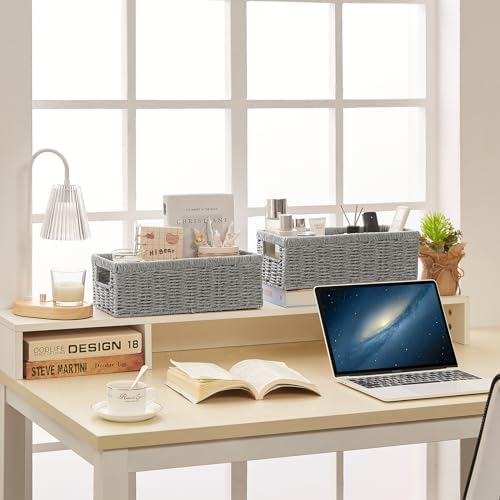 Vagusicc Wicker Storage Basket, Paper Rope Wicker Baskets with Handles, Toilet Paper Basket for Toilet Tank Top, Small Wicke Baskets for Organizing Shelves, 2-Pack, Grey - Image 5