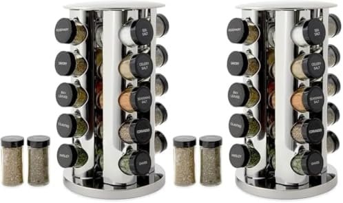 Kamenstein 20 Jar Revolving Countertop Spice Rack with Spices Included, FREE Spice Refills for 5 Years, Polished Stainless Steel with Black Caps, 30020 (Pack of 2) by Kamenstein