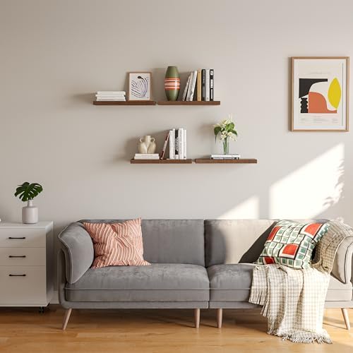 YUFLINX 16’’Rustic Brown Floating Shelves for Wall Set of 4,Rustic Wood Shelf for Room Decor/Storage/Display,Small Bookshelf,Wall Mounted Hanging Shelves for Bedroom, Bathroom, Living Room, Kitchen - Image 7
