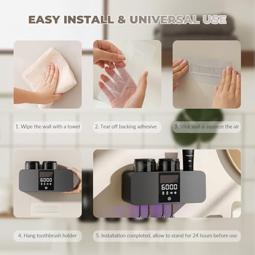 Smart Wall-Mounted Toothbrush Holder with Solar Charging, 4 Brush Slots & 2 Cup, Multi-Function Electric Toothbrush Organizer with Built-in Dryer for Home Bathroom (Black - 2 Cups) - Image 6