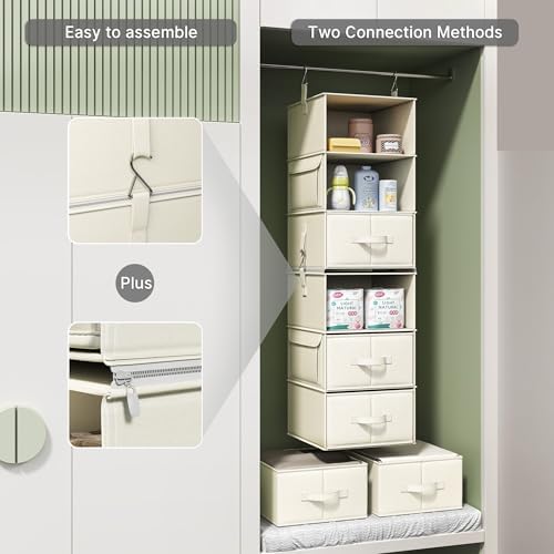 6-Shelf Hanging Closet Organizer with 3 Drawers, 2-in-1 Design, Beige - Image 6