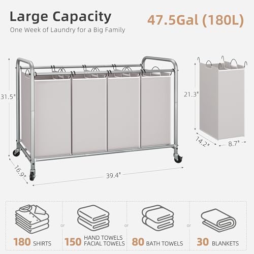 STORAGE MANIAC 4 Section Laundry Sorter, Laundry Hamper with Wheels, Gray - Image 5