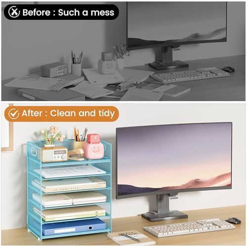 Subekyu 6-Tier Desk Paper Organizer, Desktop File Letter Tray with Handle, Document Sorter and Accessories Holder for Office, Home and School Workspace Organizers, Blue-2 Pack - Image 3