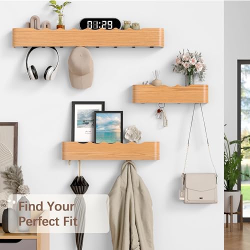 Coat Rack Wall Mount with Hidden Hooks, Wall Hooks with Shelf, Wall Key Holder Mount Wooden Shelf Entryway Hooks for Bedroom Bathroom for Hanging Coats Hats Bags Towels (Oak Wave-Shape, 5 Hooks) - Image 7