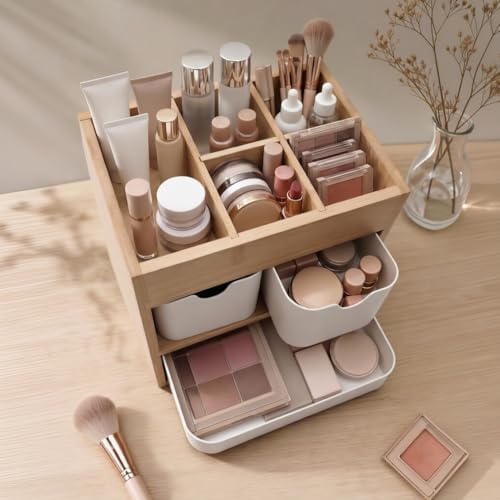 Bamboo 3-Drawer Makeup Organizer, Mortise & Tenon Vanity Box Desk Organizer - Image 2