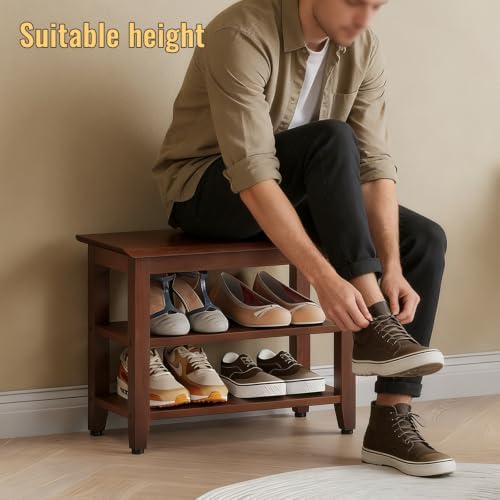 Wood Shoe Bench for Entryway,Bench with Shoe Rack,Storage Shoe Organizer for Hallway,Living Room,Bedroom (Brown, 23.62''W×11.81‘’D×17.71‘’H) - Image 4