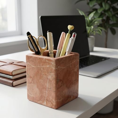 Natural Marble Pen Holder, 2.95” x 3.74” Square Makeup Brush Organizer, Toothbrush Holder, Multi-Purpose Marble Caddy for Desk, Bathroom Vanity, Small Flower Vase & Office Supplies (Rosa Verona) - Image 2
