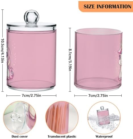 Fustylead 4 Pack Cute Cartoon Pink Unicorn Plastic Apothecary Jars with Lid, Bathroom Vanity Storage Organizer Canister for Qtip, Cotton Ball, Swab, Round Pads, Floss - Image 2