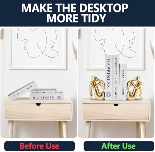 Gold Bookends Book Ends, Unique Decorative Girl Thinker Design,Non-Slip Home Office Bookshelf Decor, Modern Book Holder for Shelves, Heavy Duty Resin Book Stopper for Books,2Piece - Image 4