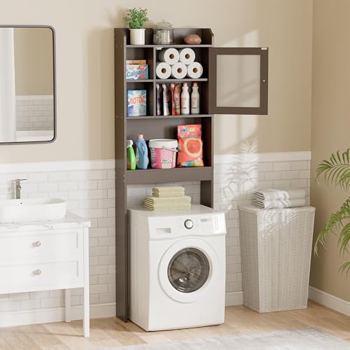 SUPER DEAL Over The Toilet Bathroom Storage Cabinet Freestanding Wooden Bathroom Organizer with Adjustable Shelves and Glass Door, Brown - Image 3