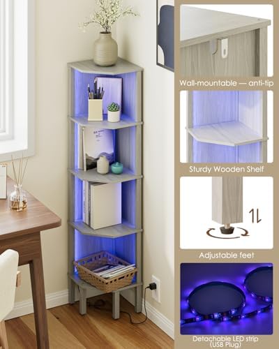 Corner Shelf Stand, 5 Tier Corner Bookshelf,Corner Furniture for Bedroom Display Corner Shelf for Small Space,Wood Shelves with Storage Rack for Living Room,Office,Gray - Image 4