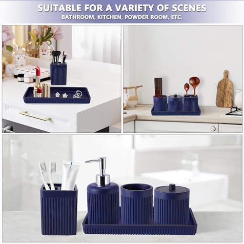 XLHOMO Resin Navy Blue Bathroom Accessories Set 5 Pcs, Lotion Soap Dispenser, Toothbrush Holder, Bathroom Tumbler, Qtip Holder and Vanity Tray, Bathroom Countertop Organizer Set for Modern Apartment - Image 6